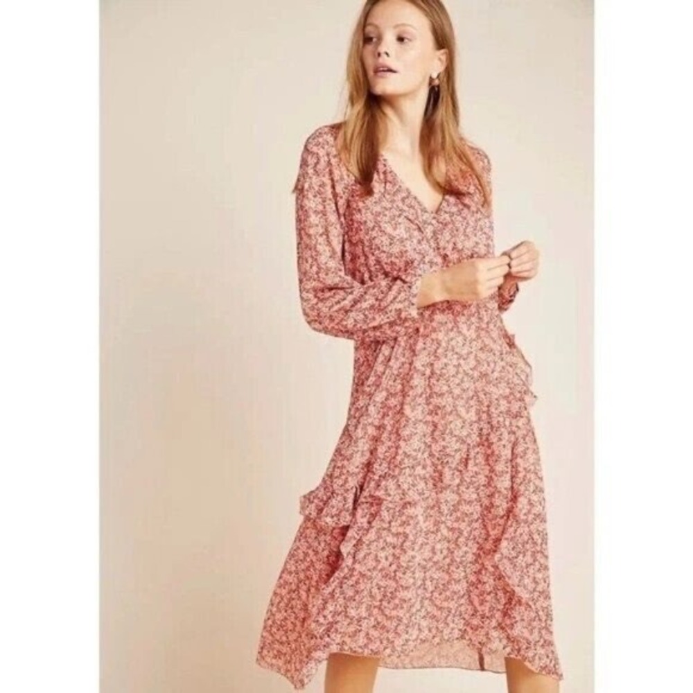 Maeve Anthropologie Floral‎ Ruffle Midi Dress Long Sleeve Pink Small E1
